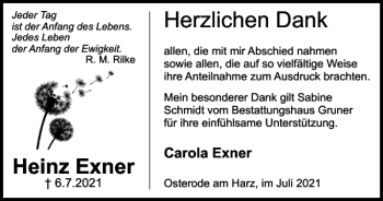 Traueranzeige von Heinz Exner von Harz Kurier