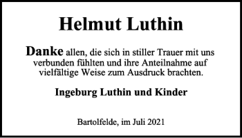 Traueranzeige von Helmut Luthin von Harz Kurier