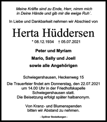 Traueranzeige von Herta Hüddersen von Harz Kurier
