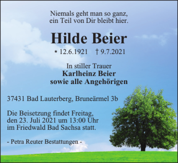 Traueranzeige von Hilde Beier von Harz Kurier