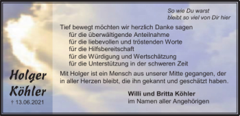 Traueranzeige von Holger Köhler von Harz Kurier