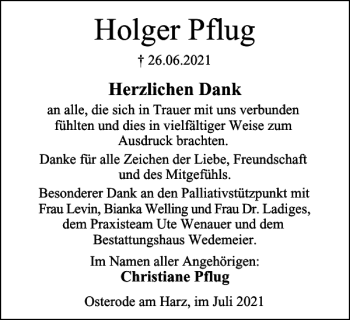 Traueranzeige von Holger Pflug von Harz Kurier