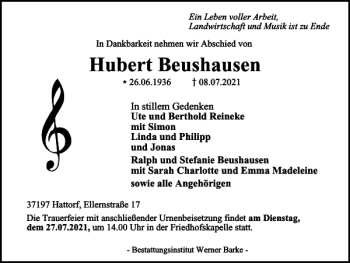 Traueranzeige von Hubert Beushausen von Harz Kurier