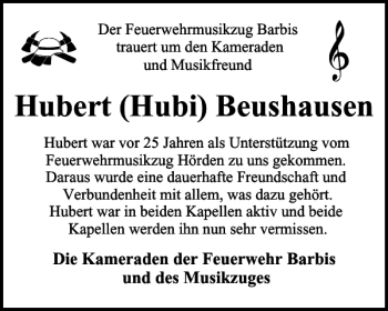 Traueranzeige von Hubert Hubi Beushausen von Harz Kurier