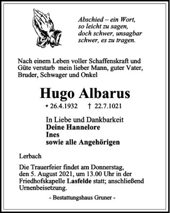 Traueranzeige von Hugo Albarus von Harz Kurier