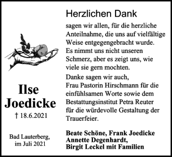 Traueranzeige von Ilse Joedicke von Harz Kurier