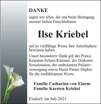 Traueranzeige von Ilse Kriebel von Harz Kurier