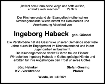 Traueranzeige von Ingeborg Habeck von Harz Kurier