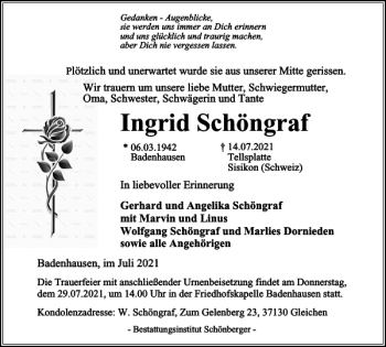 Traueranzeige von Ingrid Schöngraf von Harz Kurier