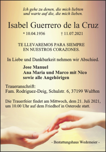 Traueranzeige von Isabel Guerrero de la Cruz von Harz Kurier