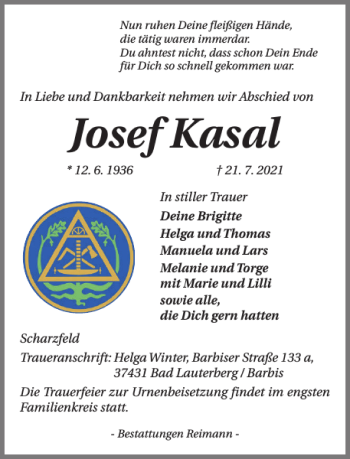 Traueranzeige von Josef Kasal von Harz Kurier