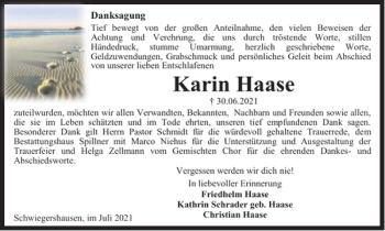 Traueranzeige von Karin Haase von Harz Kurier