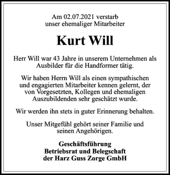 Traueranzeige von Kurt  von Harz Kurier