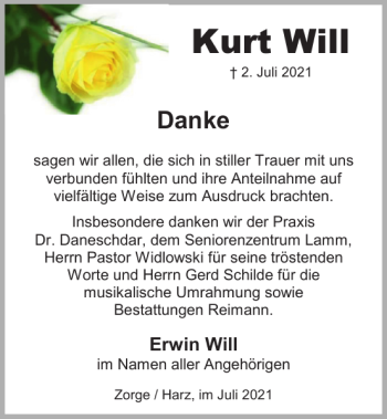 Traueranzeige von Kurt Will von Harz Kurier