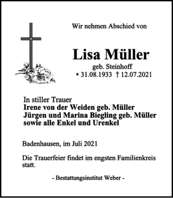 Traueranzeige von Lisa Müller von Harz Kurier