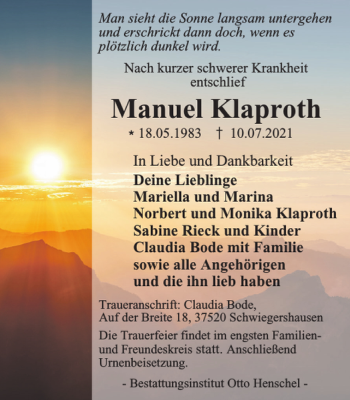 Traueranzeige von Manuel Klaproth von Harz Kurier