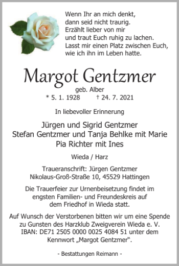 Traueranzeige von Margot Gentzmer von Harz Kurier