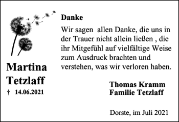 Traueranzeige von Martina Tetzlaff von Harz Kurier