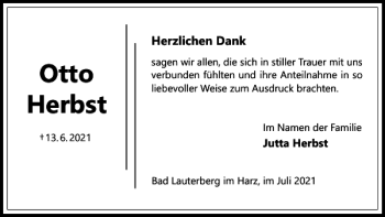 Traueranzeige von Otto Herbst von Harz Kurier