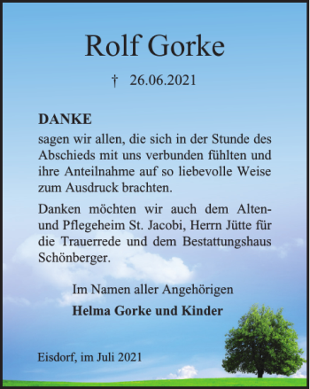 Traueranzeige von Rolf Gorke von Harz Kurier