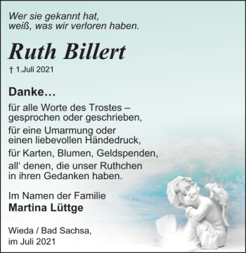 Traueranzeige von Ruth Billert von Harz Kurier