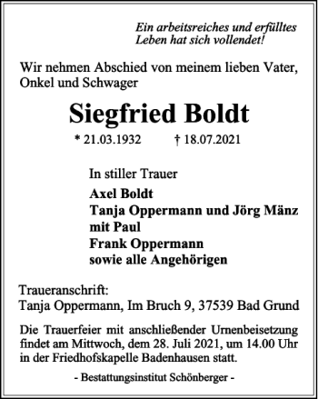Traueranzeige von Siegfried Boldt von Harz Kurier