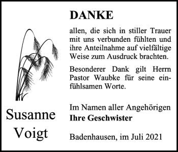 Traueranzeige von Susanne Voigt von Harz Kurier