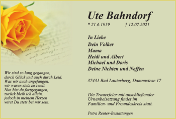 Traueranzeige von Ute Bahndorf von Harz Kurier