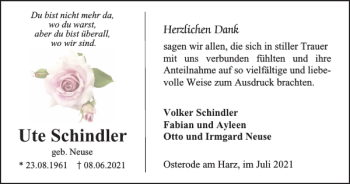 Traueranzeige von Ute Schindler von Harz Kurier