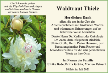 Traueranzeige von Waldtraut Thiele von Harz Kurier
