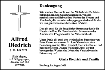 Traueranzeige von Alfred Diedrich von Harz Kurier