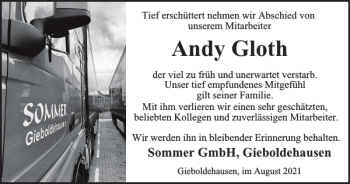 Traueranzeige von Andy Gloth von Harz Kurier