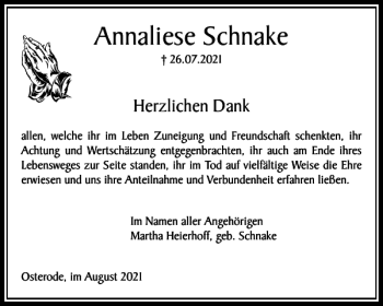 Traueranzeige von Annaliese Schnake von Harz Kurier