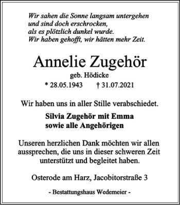 Traueranzeige von Annelie Zugehör von Harz Kurier
