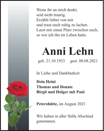 Traueranzeige von Anni Lehn von Harz Kurier