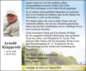 Traueranzeige von Arnold Klapproth von Harz Kurier
