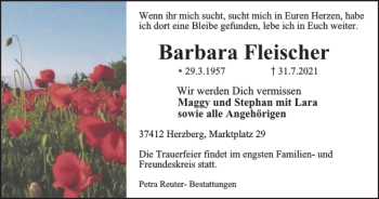 Traueranzeige von Barbara Fleischer von Harz Kurier