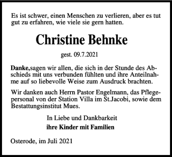 Traueranzeige von Christine Behnke von Harz Kurier