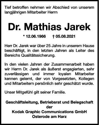 Traueranzeige von Dr. Mathias Jarek von Harz Kurier
