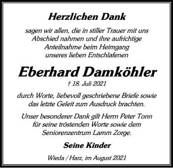 Traueranzeige von Eberhard Damköhler von Harz Kurier