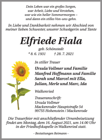 Traueranzeige von Elfriede Fiala von Harz Kurier