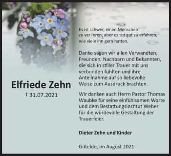 Traueranzeige von Elfriede Zehn von Harz Kurier