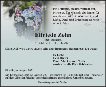 Traueranzeige von Elfriede Zehn von Harz Kurier