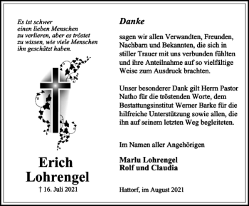 Traueranzeige von Erich Lohrengel von Harz Kurier