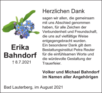 Traueranzeige von Erika Bahndorf von Harz Kurier