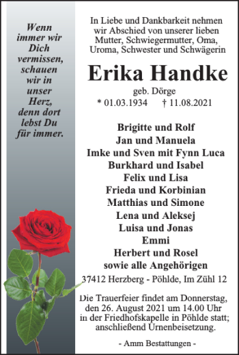 Traueranzeige von Erika Handke von Harz Kurier