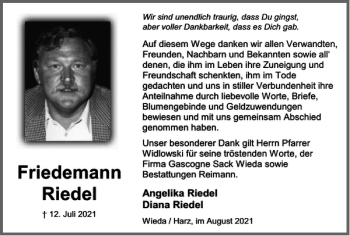 Traueranzeige von Friedemann Riedel von Harz Kurier