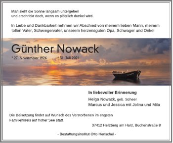 Traueranzeige von Günther Nowack von Harz Kurier