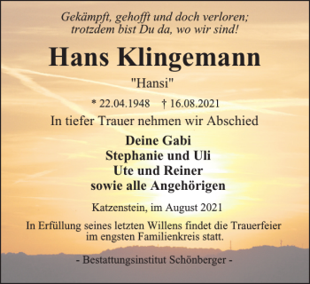Traueranzeige von Hans Klingemann von Harz Kurier