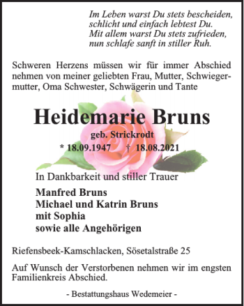 Traueranzeige von Heidemarie Bruns von Harz Kurier
